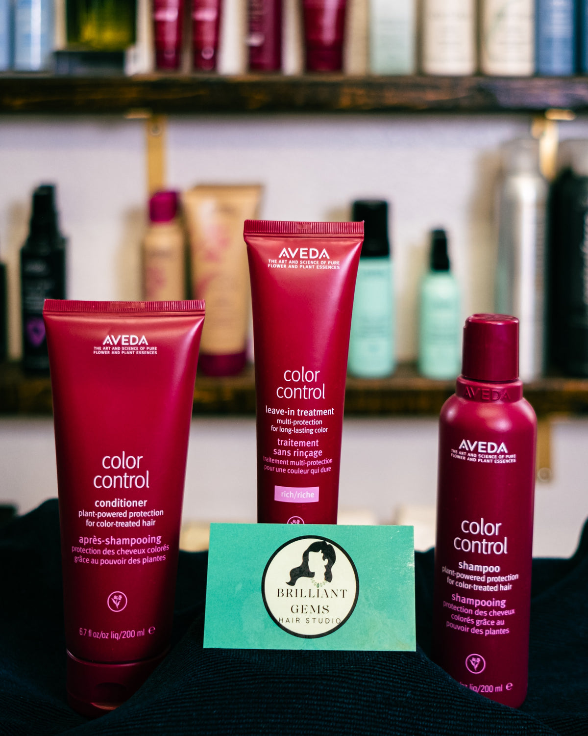 Aveda Color Control shampoo, conditioner, and leave-in treatment at Brilliant Gems Hair Studio in Boerne, TX